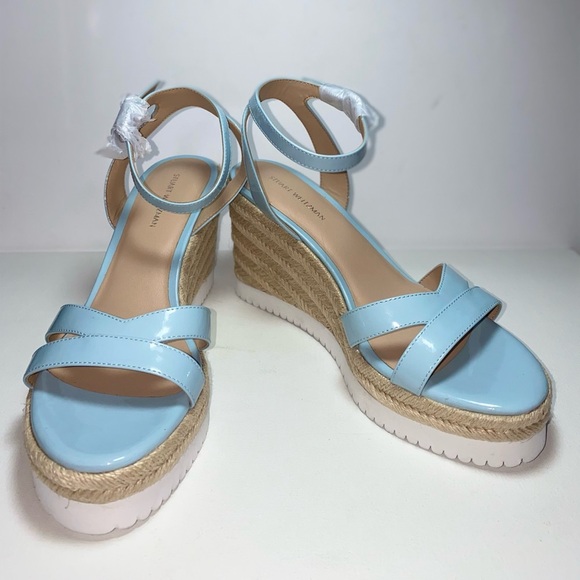 Stuart Weitzman NWOT Catalina Light Blue Espadrille Wedge Patent Leather Sandals - Picture 2 of 11